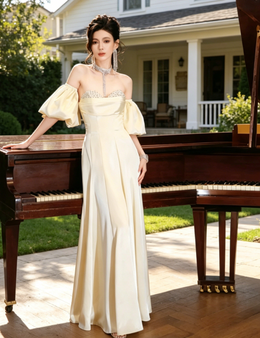 Chic Sweetheart A-Line Satin Long Evening Dress Yellow Prom Dress DP05553