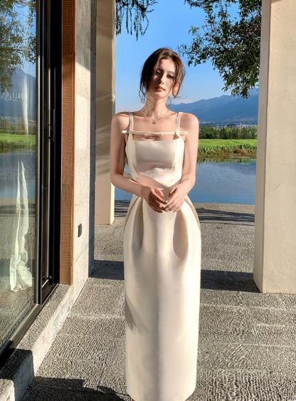 Chic Spaghetti Straps Sheath Satin Long Evening Dress White Prom Dress DP05554