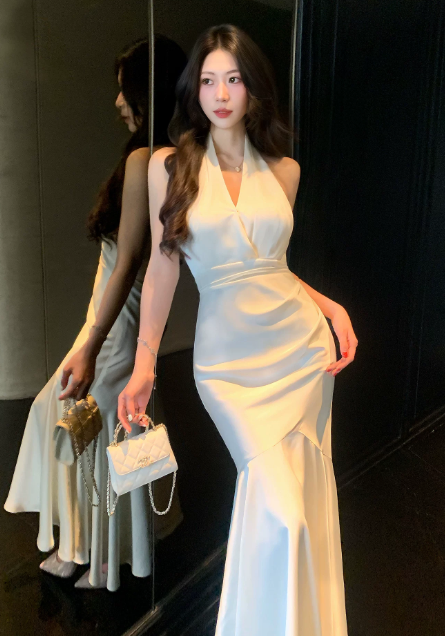 Chic Halter Mermaid Chiffon Long Evening Dress White Wedding Guest Dress  DP05556
