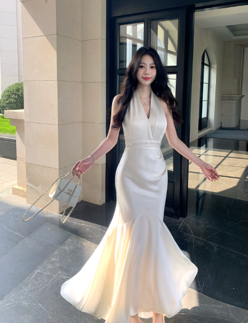 Chic Halter Mermaid Chiffon Long Evening Dress White Wedding Guest Dress  DP05556