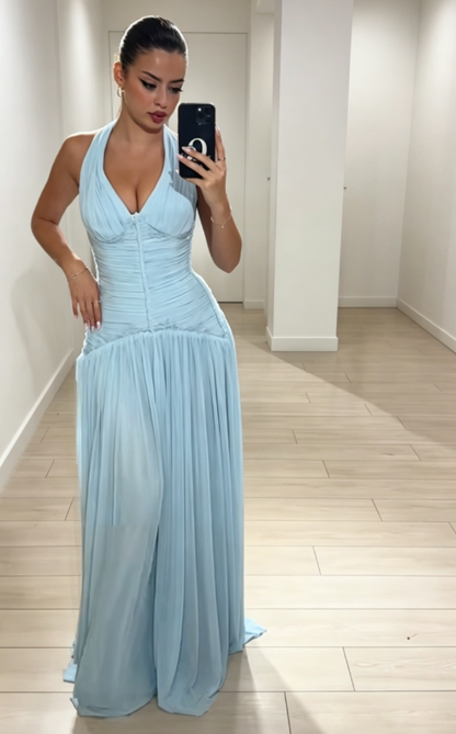 Chic Halter Sheath Chiffon Long Evening Dress Pale Blue Wedding Guest Dress  DP05557