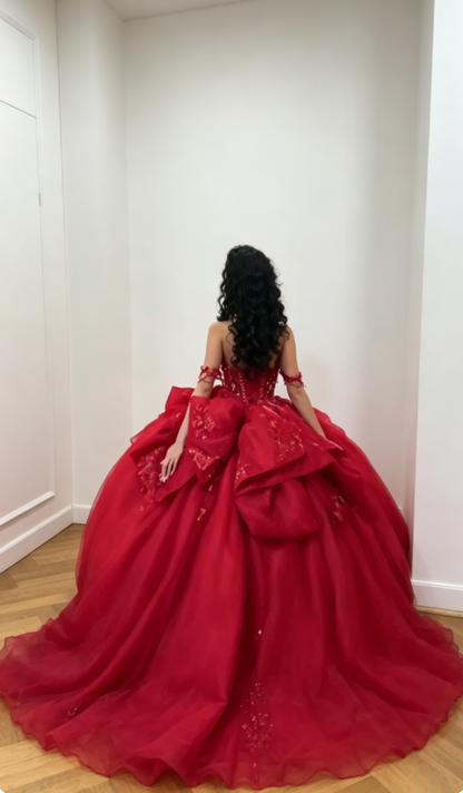 Chic Off-shoulder Ball Gown Birthday Dress Tulle Appliques Quinceanera Dress Burgundy Sweet 16 Dress  DP05559
