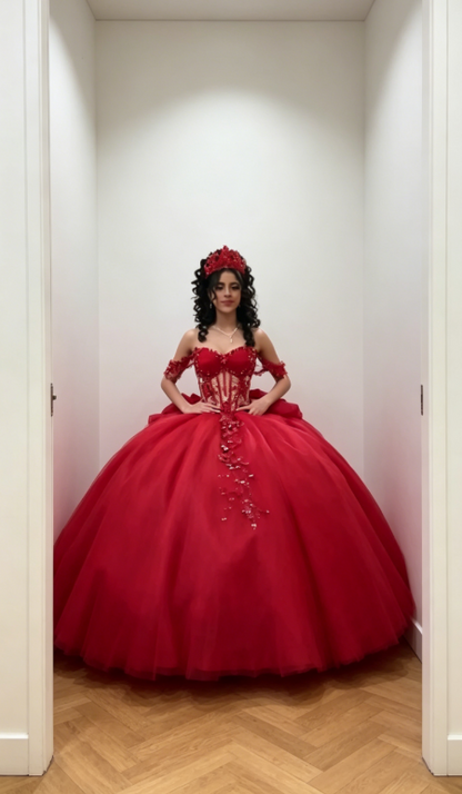 Chic Off-shoulder Ball Gown Birthday Dress Tulle Appliques Quinceanera Dress Burgundy Sweet 16 Dress  DP05559