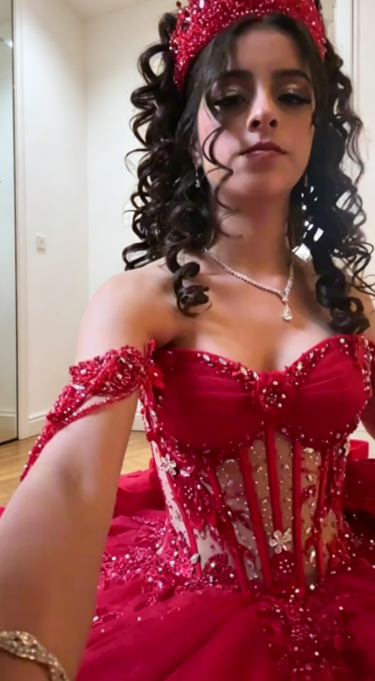 Chic Off-shoulder Ball Gown Birthday Dress Tulle Appliques Quinceanera Dress Burgundy Sweet 16 Dress  DP05559