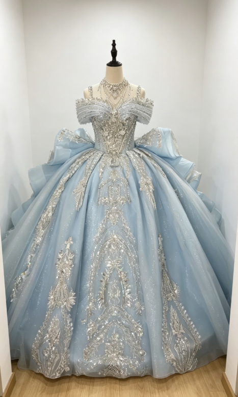 Chic Off-shoulder Ball Gown Birthday Dress  Tulle Beaded Quinceanera Dress Pale Blue Sweet 16 Dress  DP05559