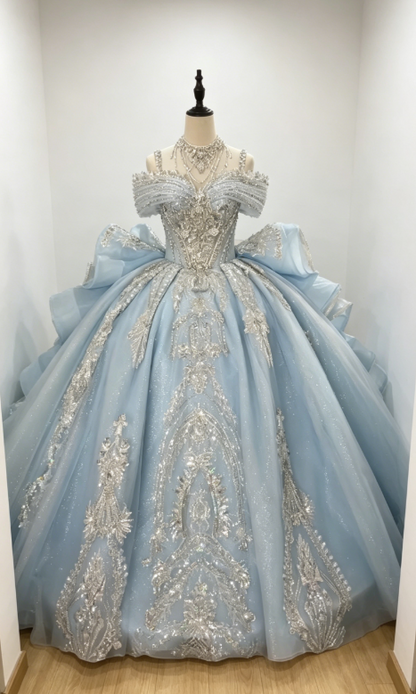 Chic Off-shoulder Ball Gown Birthday Dress  Tulle Beaded Quinceanera Dress Pale Blue Sweet 16 Dress  DP05559