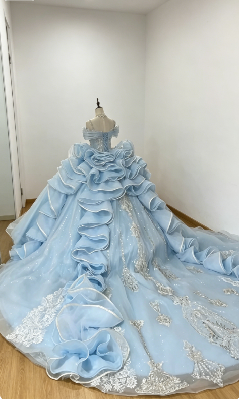 Chic Off-shoulder Ball Gown Birthday Dress  Tulle Beaded Quinceanera Dress Pale Blue Sweet 16 Dress  DP05559