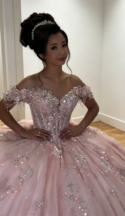 Chic Off-shoulder Ball Gown Birthday Dress  Tulle Beaded Quinceanera Dress Pink Sweet 16 Dress DP05560