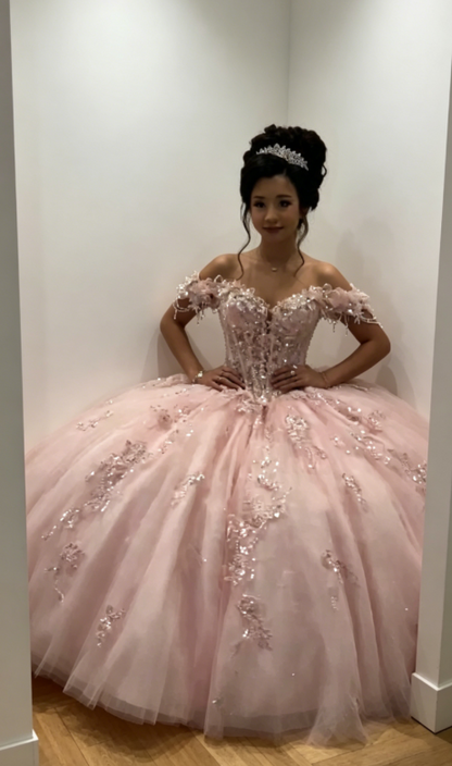 Chic Off-shoulder Ball Gown Birthday Dress  Tulle Beaded Quinceanera Dress Pink Sweet 16 Dress DP05560
