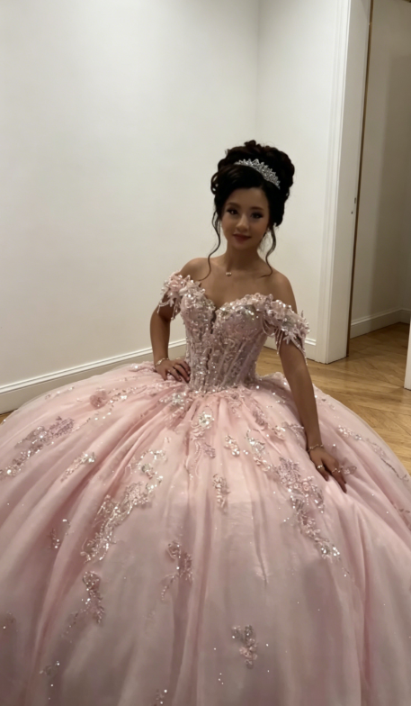 Chic Off-shoulder Ball Gown Birthday Dress  Tulle Beaded Quinceanera Dress Pink Sweet 16 Dress DP05560