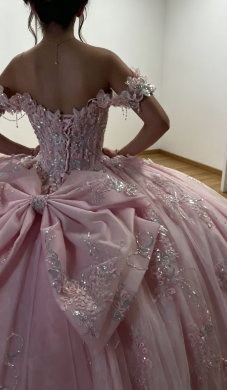 Chic Off-shoulder Ball Gown Birthday Dress  Tulle Beaded Quinceanera Dress Pink Sweet 16 Dress DP05560