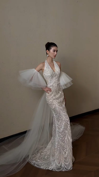Robe de mariée longue intemporelle fourreau à col américain, avec appliques de dentelle, robe de mariée blanche DP05566