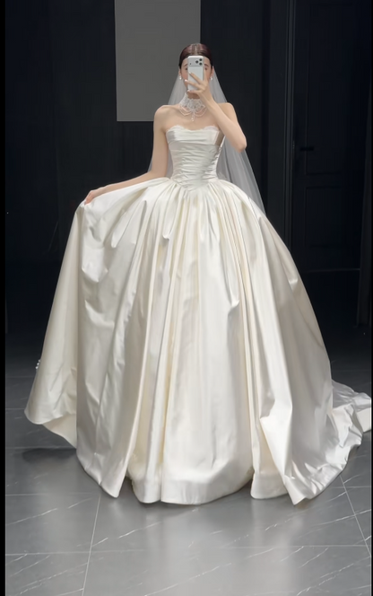 Timeless Strapless A-Line Long Wedding Dress Satin Bridal Dress White Bridal Gown DP05568