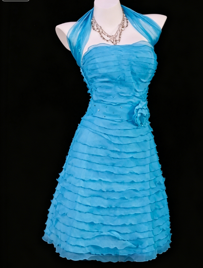 Chic Strapless Cocktail Dress A-Line Short Prom Dress Tulle Blue Birthday Dress DP05576
