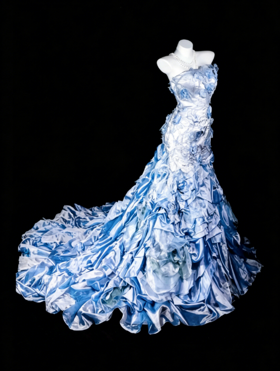 Chic Strapless Sheath Satin Applique Long Evening Dress Blue Prom Dress  DP05578