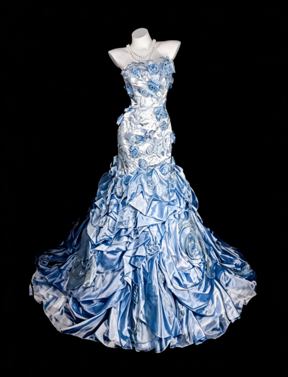 Chic Strapless Sheath Satin Applique Long Evening Dress Blue Prom Dress  DP05578