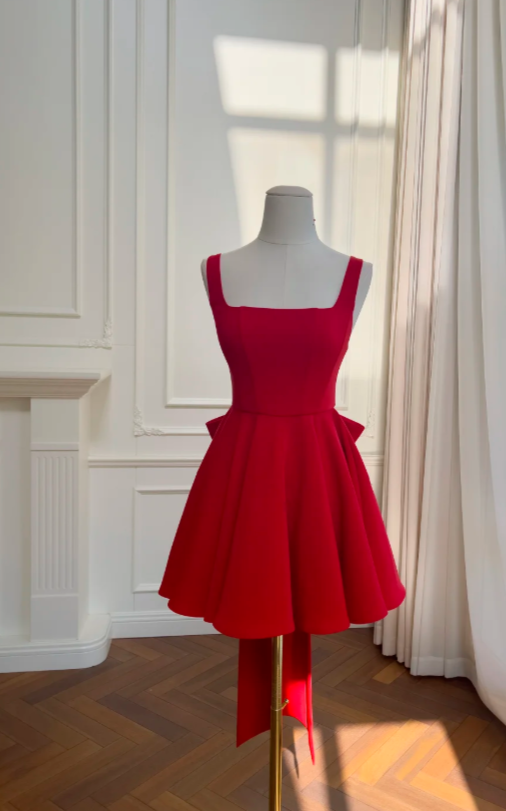 Chic Straps Birthday Dress A-line Satin Short Prom Dress Red Cocktail Dress  DP05582
