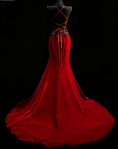 Chic Halter Sheath Velvet Long Evening Dress Red Prom Dress  DP05583