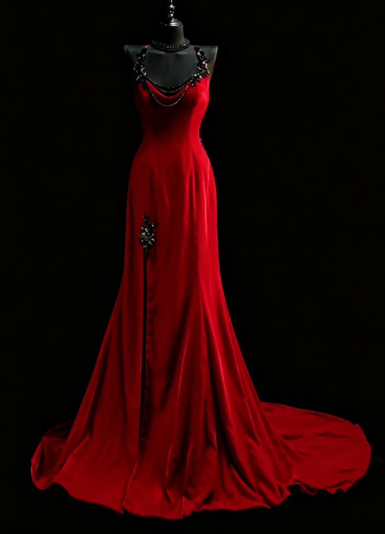 Chic Halter Sheath Velvet Long Evening Dress Red Prom Dress  DP05583