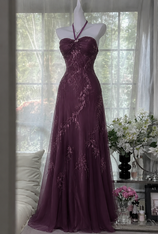 Chic Halter A-Line Chiffon Beadded Long Evening Dress Purple Prom Dress   DP05585