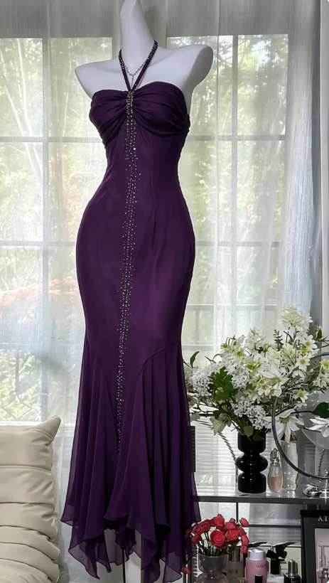 Chic Halter Mermaid Chiffon Beaded Long Evening Dress Dark Purple Prom Dress  DP05587