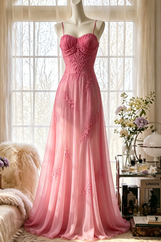 Robe de soirée longue fourreau en mousseline perlée à bretelles spaghetti chic, rose vif, robe de bal DP05588