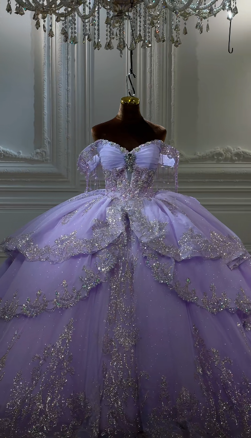 Gorgeous Off-shoulder Ball Gown Sweet 16 Dress Purple Quinceanera Dress Beaded Tulle Long Prom Dress DP05589