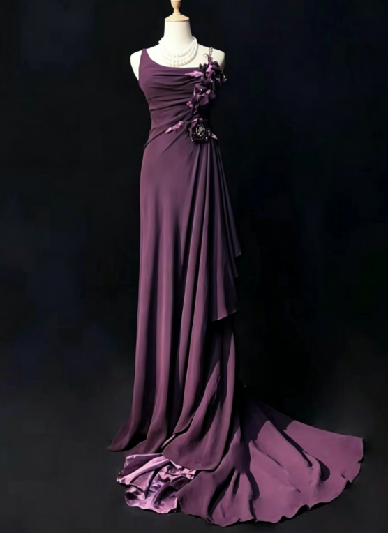 Vintage Spaghetti Straps Sheath Chiffon Long Evening Dress Grape Weddidng Guest Dress DP05592