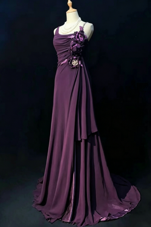 Vintage Spaghetti Straps Sheath Chiffon Long Evening Dress Grape Weddidng Guest Dress DP05592