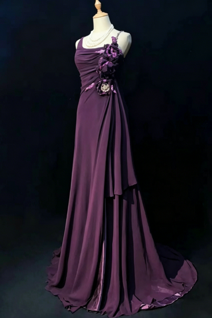 Vintage Spaghetti Straps Sheath Chiffon Long Evening Dress Grape Weddidng Guest Dress DP05592