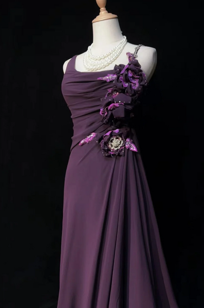 Vintage Spaghetti Straps Sheath Chiffon Long Evening Dress Grape Weddidng Guest Dress DP05592