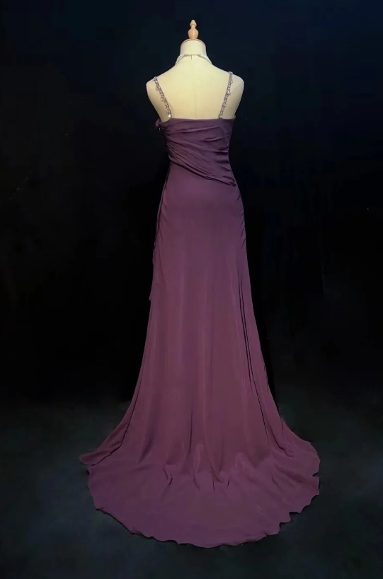 Vintage Spaghetti Straps Sheath Chiffon Long Evening Dress Grape Weddidng Guest Dress DP05592