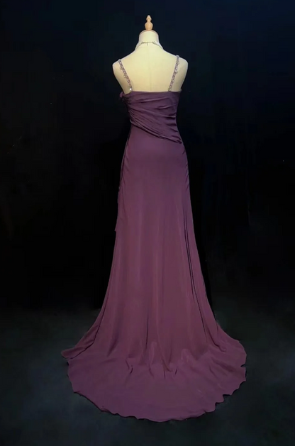 Vintage Spaghetti Straps Sheath Chiffon Long Evening Dress Grape Weddidng Guest Dress DP05592