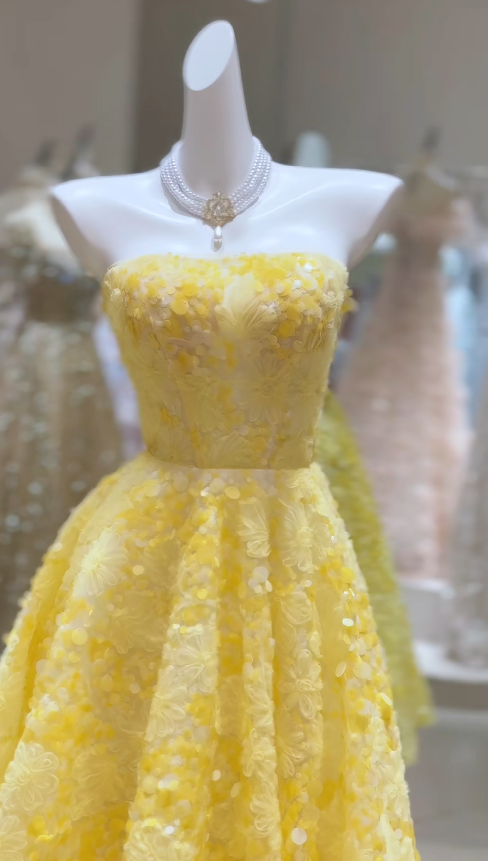 Robe de Soirée Chic sans Bretelles pour Anniversaire, Ligne A en Tulle, Longue, Robe de Bal Jaune DP05594