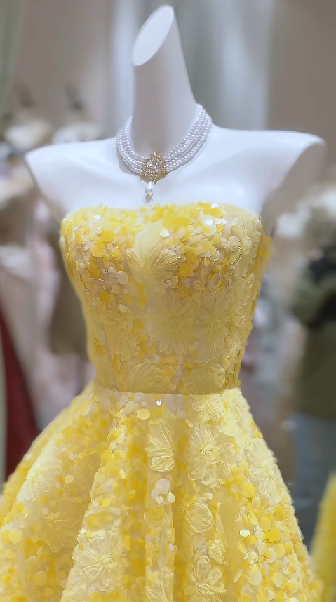 Robe de Soirée Chic sans Bretelles pour Anniversaire, Ligne A en Tulle, Longue, Robe de Bal Jaune DP05594