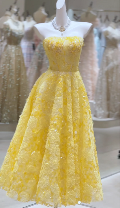 Robe de Soirée Chic sans Bretelles pour Anniversaire, Ligne A en Tulle, Longue, Robe de Bal Jaune DP05594