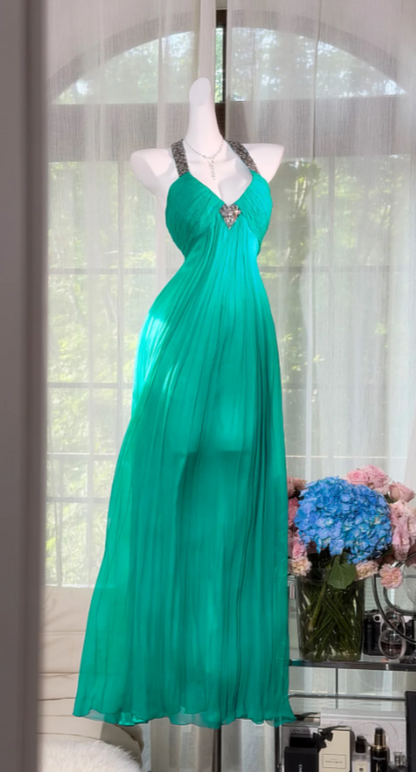 Chic Halter Sheath Chiffon Long Evening Dress Emerald Prom Dress DP05595