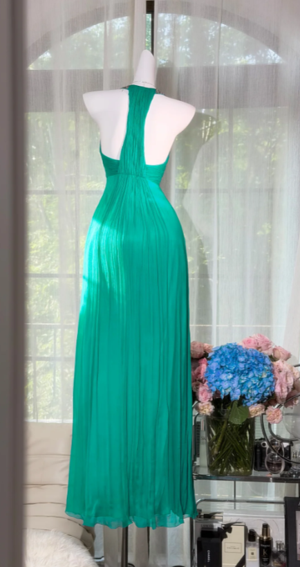 Chic Halter Sheath Chiffon Long Evening Dress Emerald Prom Dress DP05595