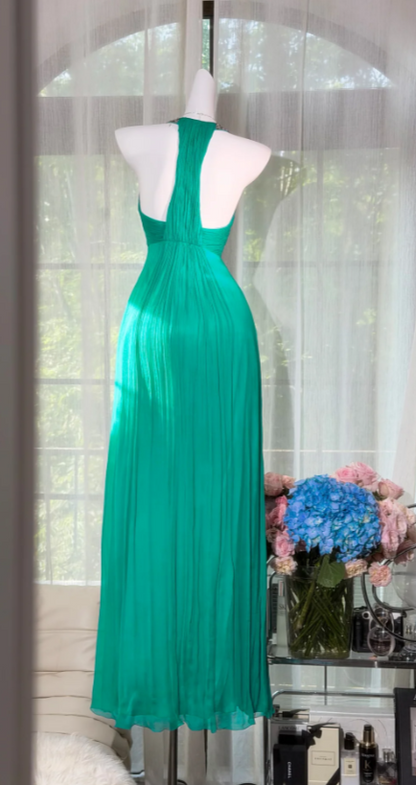 Chic Halter Sheath Chiffon Long Evening Dress Emerald Prom Dress DP05595