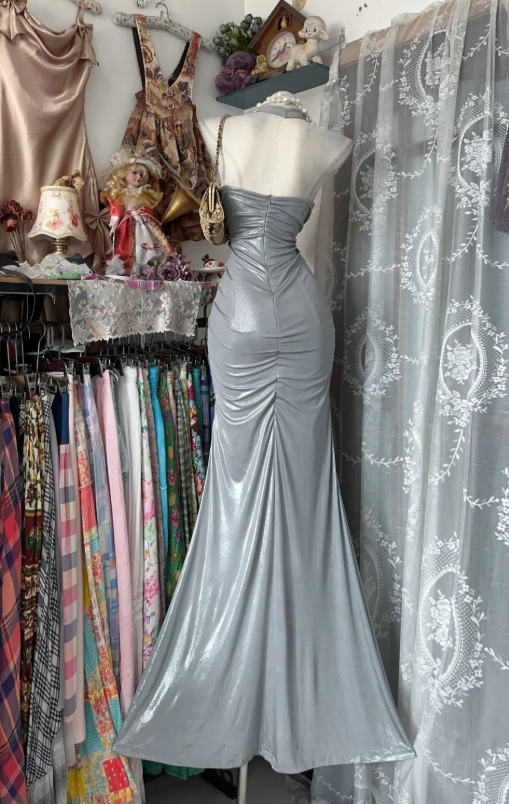 Fashion Halter Sheath Satin Long Evening Dress Gray Prom Dress DP05597