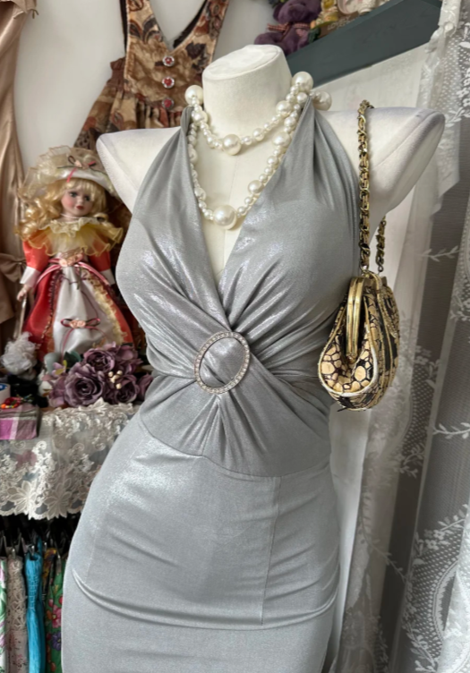 Fashion Halter Sheath Satin Long Evening Dress Gray Prom Dress DP05597