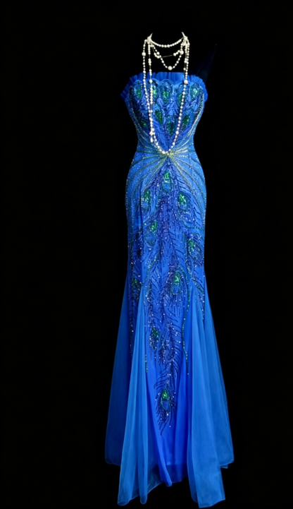 Gorgeous Strapless Sheath Chiffon Beaded Long Evening Dress Blue Prom Dress  DP05603