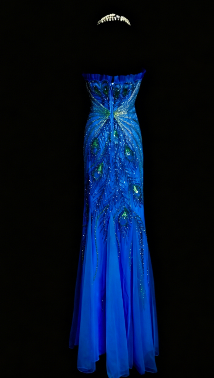 Gorgeous Strapless Sheath Chiffon Beaded Long Evening Dress Blue Prom Dress  DP05603