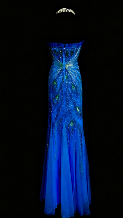 Gorgeous Strapless Sheath Chiffon Beaded Long Evening Dress Blue Prom Dress  DP05603