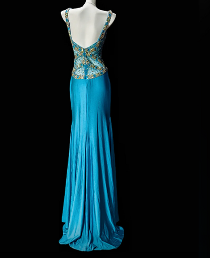 Superbe Robe de Soirée Longue en Mousseline de Soie avec Bretelles Perlées, Robe de Bal Turquoise DP05604