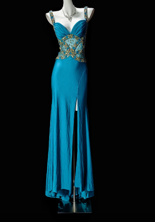 Superbe Robe de Soirée Longue en Mousseline de Soie avec Bretelles Perlées, Robe de Bal Turquoise DP05604