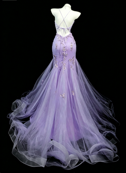 Gorgeous Spaghetti Straps Mermaid Tulle Appliques  Long Evening Dress Purple Prom Dress DP05605
