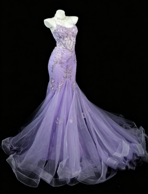 Gorgeous Spaghetti Straps Mermaid Tulle Appliques  Long Evening Dress Purple Prom Dress DP05605