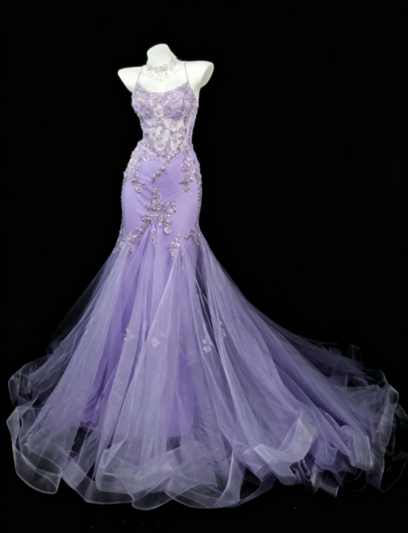 Gorgeous Spaghetti Straps Mermaid Tulle Appliques  Long Evening Dress Purple Prom Dress DP05605