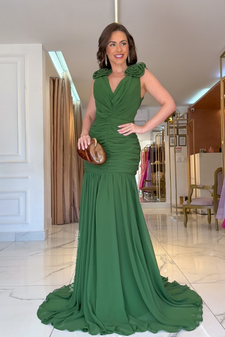 Gorgeous V-neck Sheath Chiffon Long Evening Dress Green Wedding Guest Dress DP05609